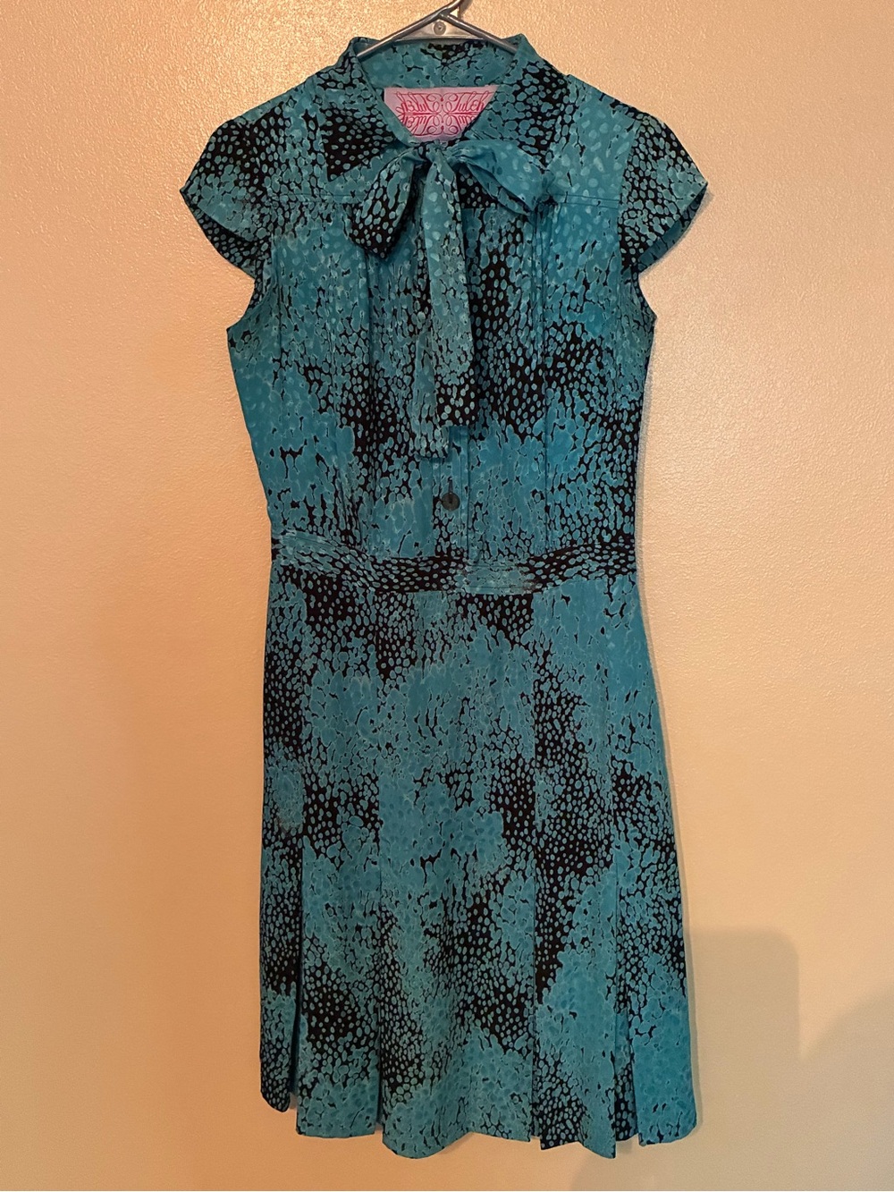 Tuleh Teal And Black Silk Cap Sleeve Tie Neck Midi Dress Size 10